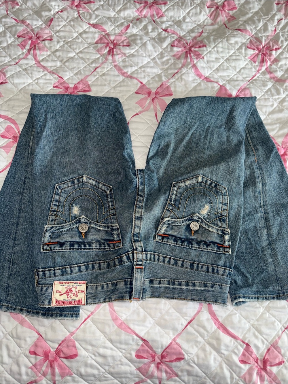 True Religion Blue Distressed Bootcut Jeans with Signature Back Pockets - Picture 3 of 6